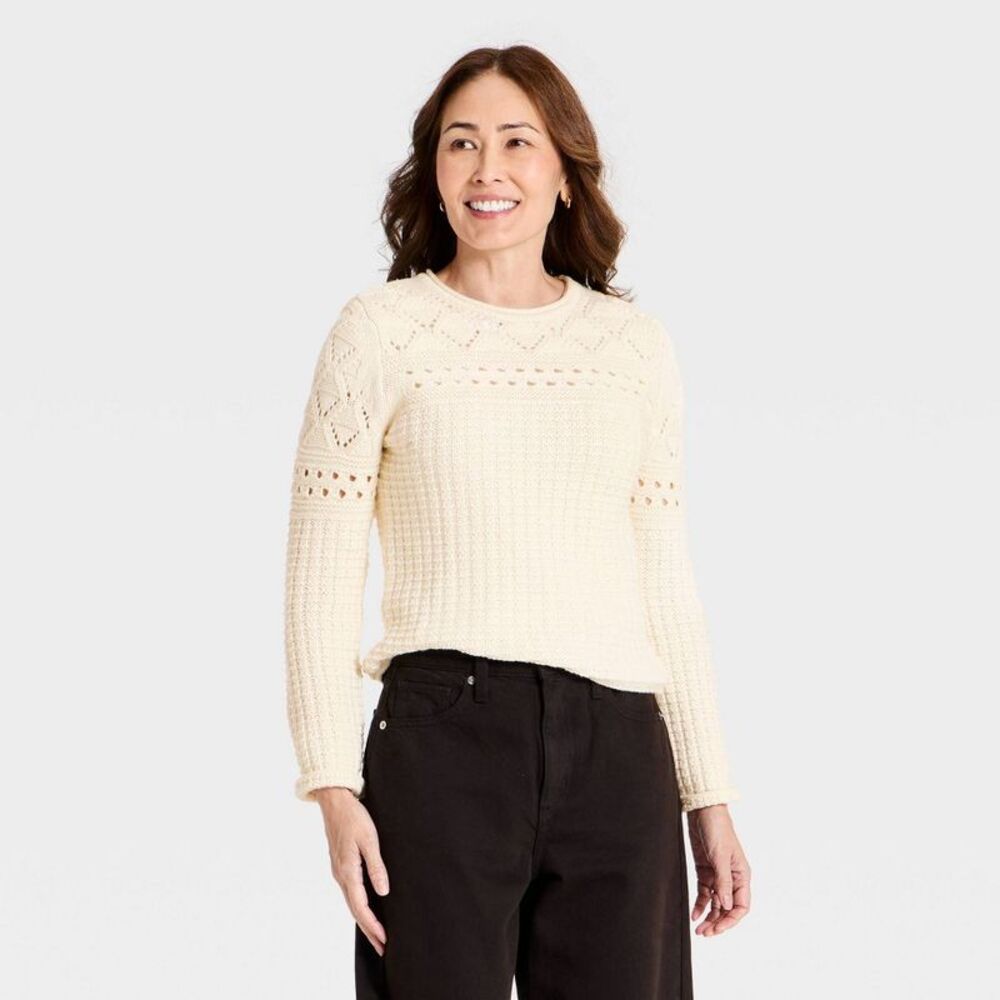 Women's Waffle Crewneck Pullover Sweater - Universal Thread Cream M